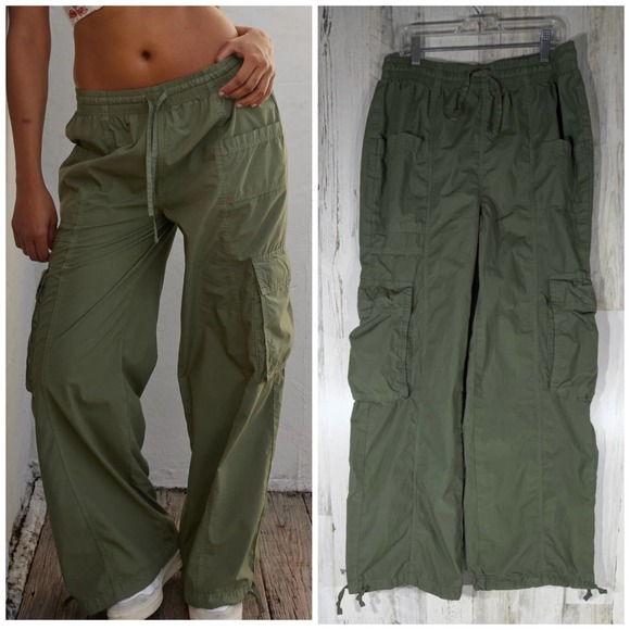 aerie Other - Aerie Cargo Pants Small Olive Green Parachute Wide Leg Cotton Pullon Drawstring